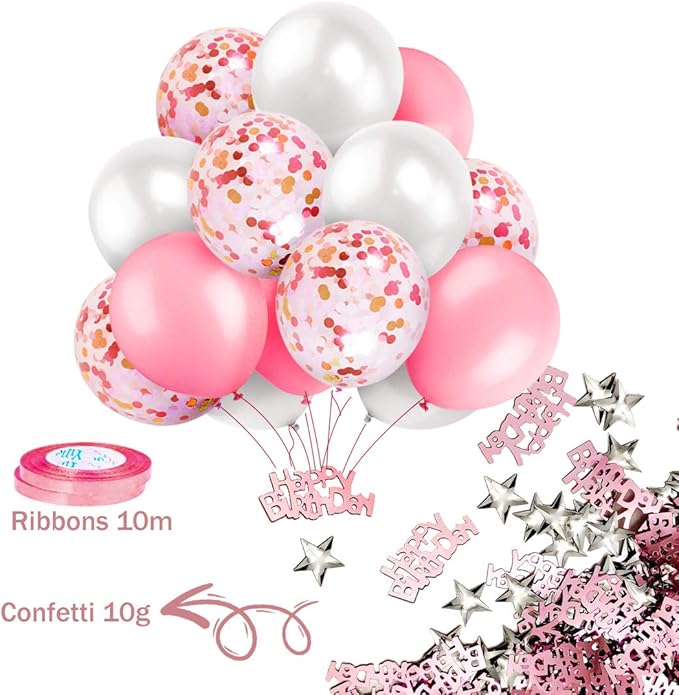 MOVINPE Pink Birthday Party Decoration, Happy Birthday Banner, Rose Gold Fringe Curtain, Foil Tablecloth, Heart Star Foil Confetti Balloons, 10g Table Confetti for Women Girl Birthday Party