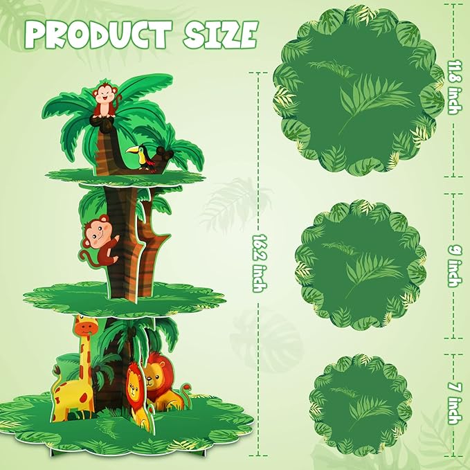 Safari Birthday Decorations 3 Tier Jungle Baby Shower Cupcake Stand Wild One Birthday Table Decor for Boys Lion Party Safari Zoo Party Favor Supplies
