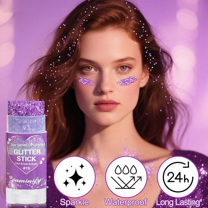 Purple Hair Glitter Stick, Mardi Gras Outfit for Women,Purple Body Face Glitter,Rave Mardi Gras Accessories Carnival Chunky Glitter Sequins,Waterproof Shimmer Body Paint for Festival
