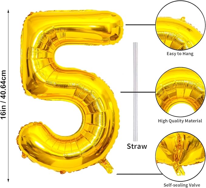 16 In Gold Large Numbers Balloons 0-9, Self Inflating Number 5 Balloons for Boys Girls, Big Gold Digit 5 Balloons for Women Men Birthday Party Anniversary Wedding Supplies Decorations