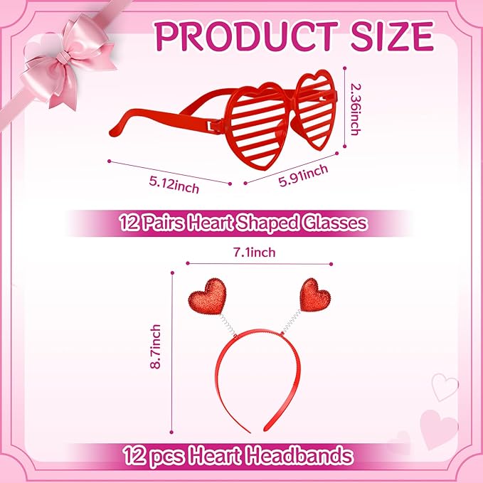 24 Pcs Valentines Heart Head Boppers Headbands and Heart Shape Sunglasses Party Supplies