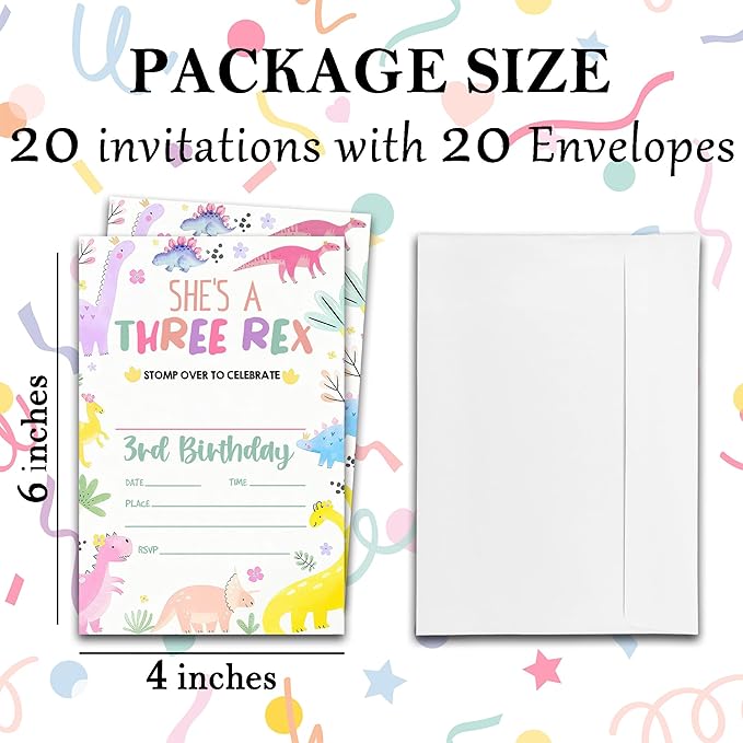 3RD Birthday Party Invitations- She’s A Three-Rex Stomp Over to Celebrate - 20-Pack of 4''x6'' Invite Cards with Envelopes, Double-Sided Fill In Birthday Party Celebrate Supplies & Decor For Girls-A11