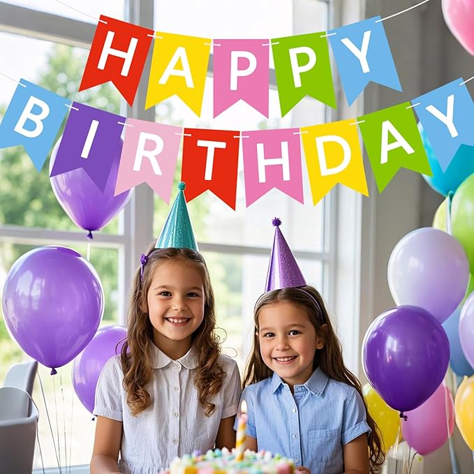 Happy Birthday Banner Sign, Birthday Garland Wall Door Hanging Banners Flag for Women Men Boys Girls Party Backdrop Decorations, Personalized Name Banner White Letters Multicolor