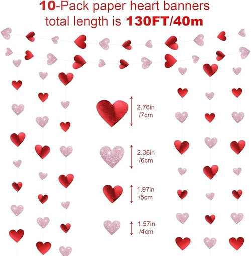 10 Pack 130ft Red, Glitter Pink Heart Party Garland Asymmetrical Love Hanging Banners for Birthday Wedding Decorations Mothers Day Bachelorette Bridal Shower Engagement