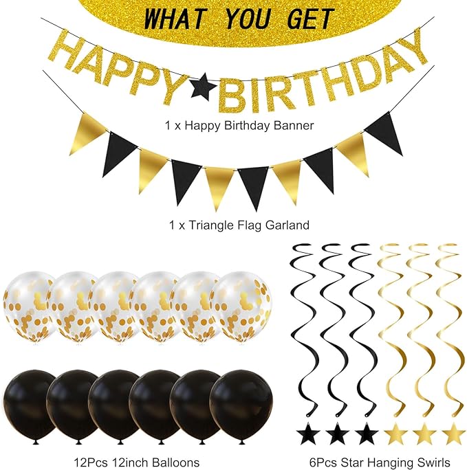 Happy Birthday Banner - Gold Birthday Banner with Garland, Balloons and Hanging Swirls for Party Decorations