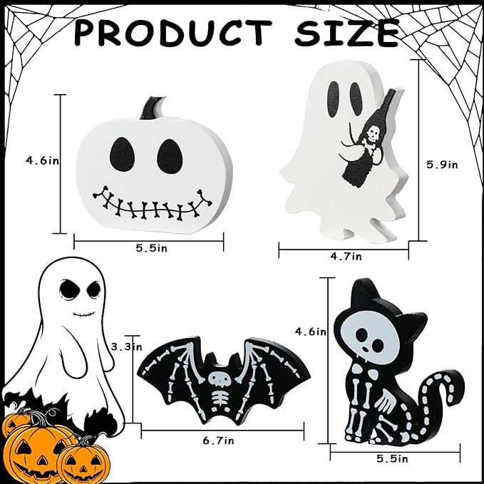 4PCS Halloween Decorations Indoor, Halloween Tiered Tray Decor Table Sign, Halloween Wooden Signs Ghost Bat Pumpkin Cat Blocks Signs, Table Decor Halloween Party Decorations for Mantle Home Shelf