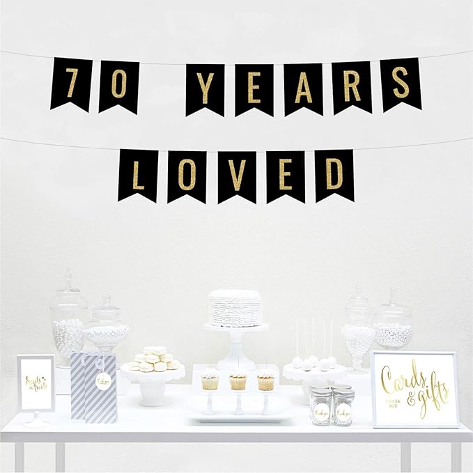 Andaz Press Faux Gold Glitter on Black Birthday Party Banner Decorations, 70 Years Loved, Approx 5-Feet, 1-Set, 70th Birthday Milestone Colored Hanging Pennant Decor