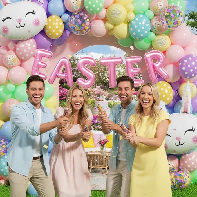 Easter Balloon Garland Kit 168Pcs, Pastel Rainbow Balloon Arch Kit with Bunny Foil, Printed Balloons Spring Colorful Balloon for Spring Easter Baby Shower Birthday Party Decorations