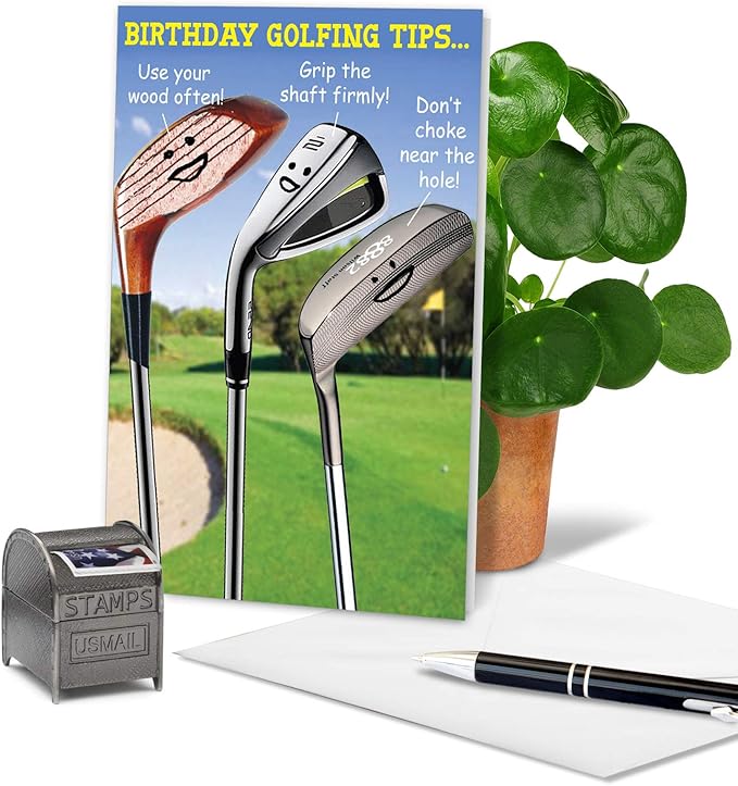 NobleWorks - Funny Men's Happy Birthday Card with Envelope - Golf Humor Greeting Card for Men, Husband - Sports Advice, Comic Stationery - Golfing Tips 9002