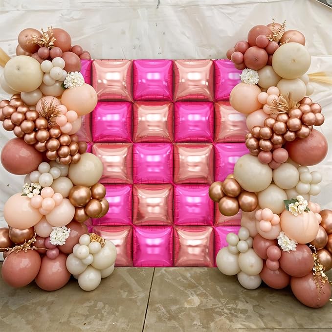 Hot Pink Rose Gold Square Foil Balloons Wall, 25PCS Double Sided Chrome Deep Pink Rose Balloons Tunnel Arch Kit Backdrop for Girls Birthday Party Bridal Shower Wedding Engagements Decorations