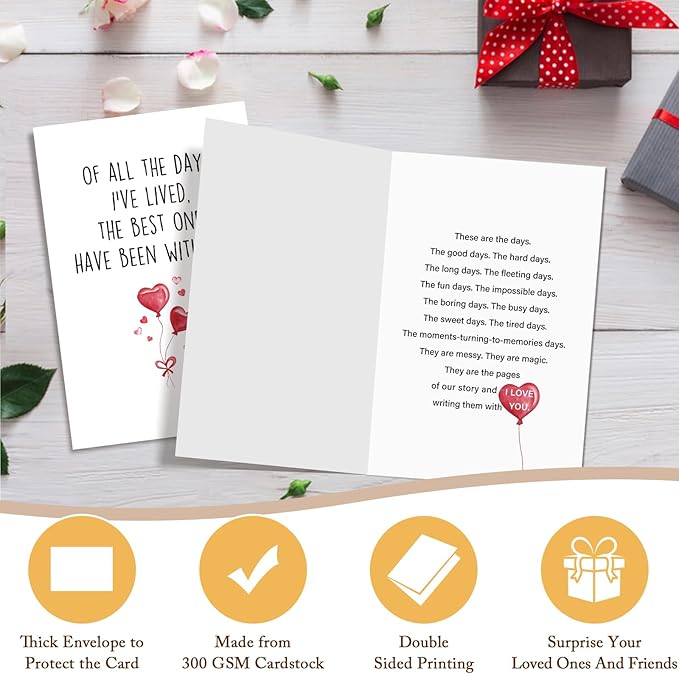 Qiliji Romantic Anniversary Card Gift for Husband Wife, Birthday Card Gift for Boyfriend Girlfriend, Love Cards for Men Women, Valentines Day Cards for Him Her, Of All The Days I've Lived