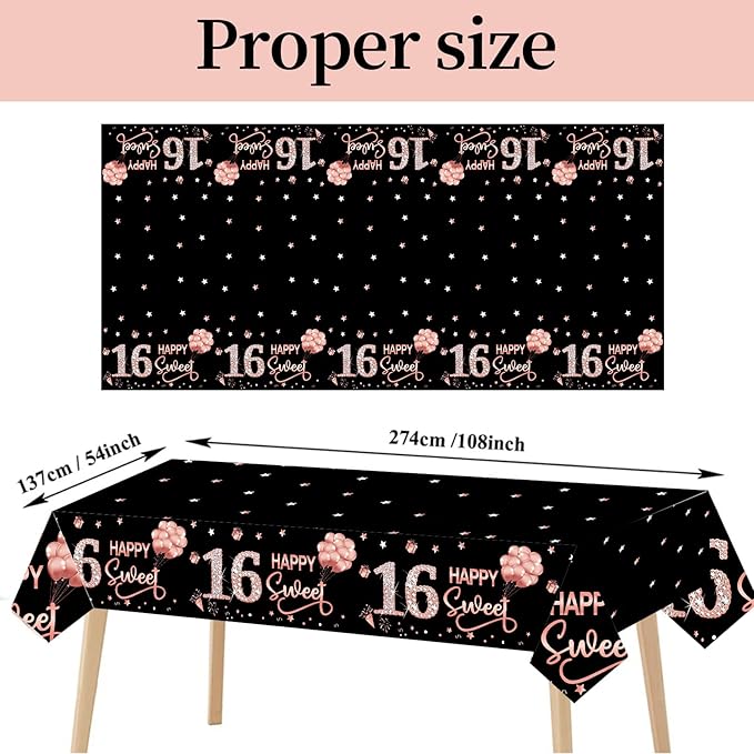 3 Pack Sweet 16th Birthday Tablecloth Decorations for Girls, Rose Gold Happy Sixteen Birthday Theme Table Cover Party Supplies, 16 Year Old Birthday Plastic Disposable Rectangular Table Cloth Decor