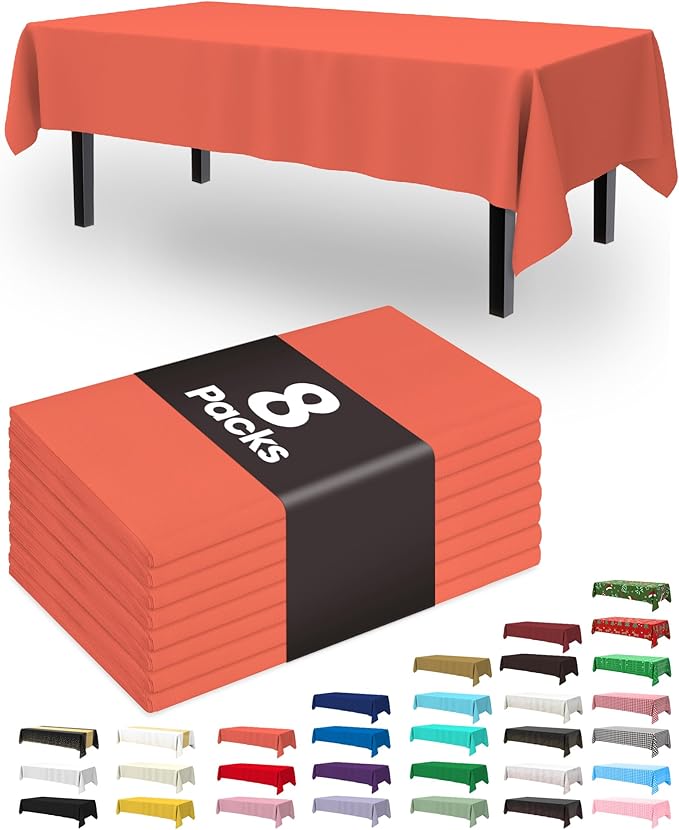Pureegg Plastic Table Cloth Disposable 8 Pack, 54 x 108 Inch Table Cloths, Halloween Party, Thanksgiving Decorations, Harvest, Fall Tablecloths, Rectangle Tables, Leakproof & Sturdy, Orange