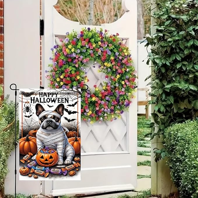 Halloween Garden Flag Mummy Dog Pumpkin Candy 12x18 inch Double Sided OutdoorYard Banner for Trick or Treat Haunted House Spooky Small Cute Holiday Decoration Decor