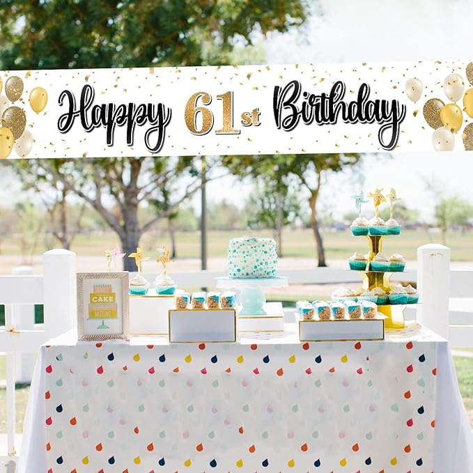 Happy 61st Birthday Decorations,61st Gold Balloon Large Birthday Hanging Banner Sign,61 Years Old Bday Party Supplies.