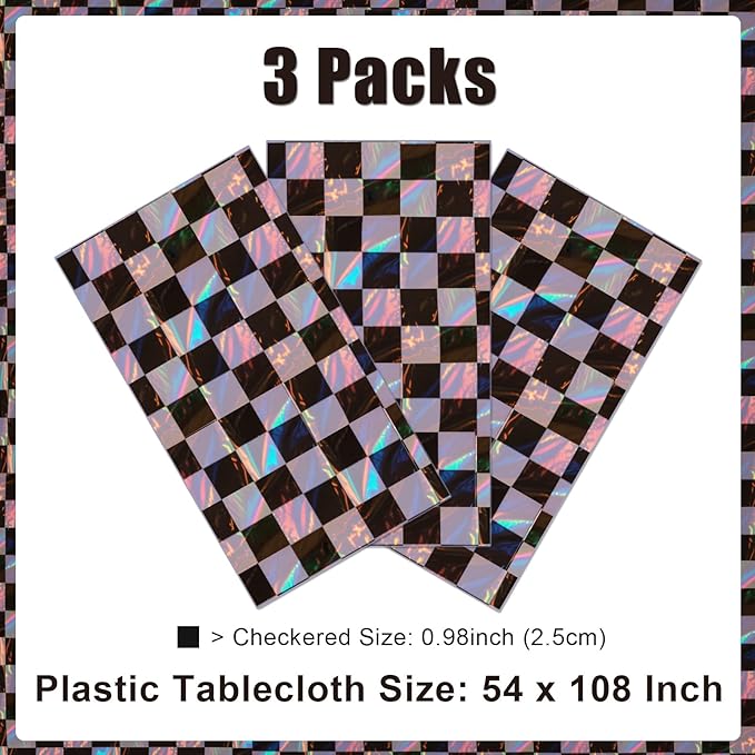 3 Packs Black Checkereed Iridescent Tablecloth 54 x 108 Inch Holographic Foil Table Cloth Shiny Disposable Laser Rectangle Plastic Table Cover for Picnic Camping