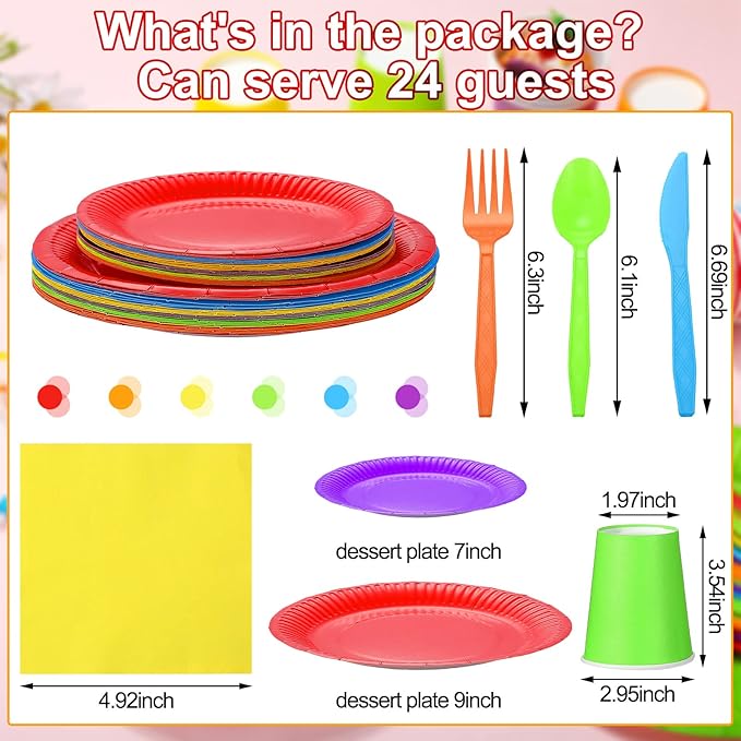 Jinei 168 Pcs Disposable Rainbow Party Supplies Set 7 Inch 9 Inch Colorful Paper Plates Napkins Cups Plastic Tableware Forks Spoons Knives for 24 Guests for Rainbow Theme Birthday Party Wedding