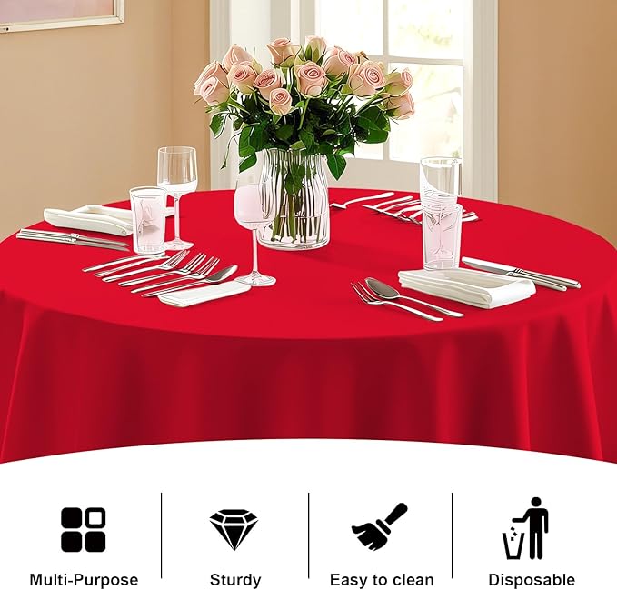 12 Pack Premium Red Plastic Table Cloth -96 Inch Round Tablecloth, Disposable Tablecloth Plastic Table Cover for Parties (12, Red, 96" Round)