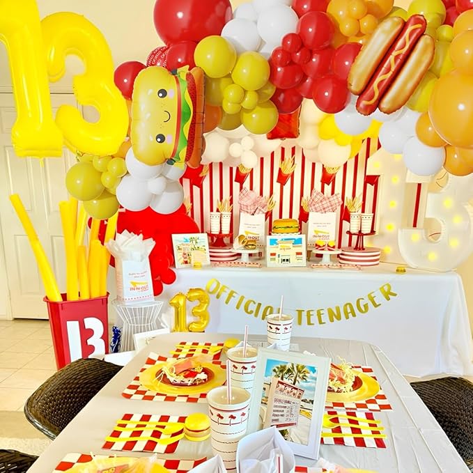 Fast Food Hot Dog Party Decorations 140PCS Red Yellow Balloon Garland Acrh Kit with Hamburger French Fries and Hot Dog Foil Balloon for Junk Fast Food Picnic Themed Birthday Baby Shower Party Supplies