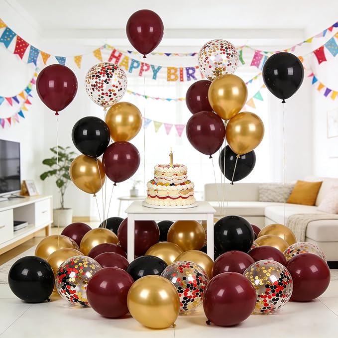 Patimate Burgundy Black Gold Balloons Set, 50Pcs 12 Inch Maroon Black Metallic Gold Latex Balloon Confetti Balloon for Graduation Birthday Baby Shower Wedding Party Decorations