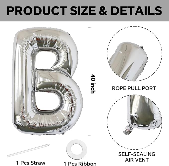 KALOR 40 Inch Silver Letter B Balloons Jumbo Foil Mylar Helium Big Balloons for Birthday Party Anniversary Baby Shower Supplies