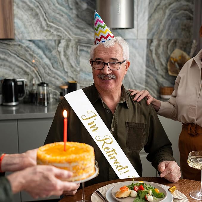 I'm Retired Sash, White Sash with Gold Glitter - Happy Retirement Farewell Party Decor - Retirement Gifts for Men and Women