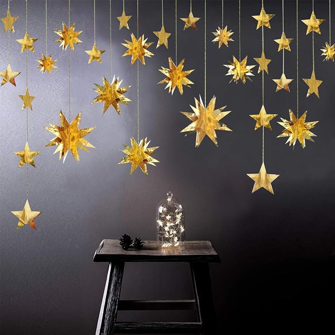 pinkblume Gold Party Decorations Star Garlands Streamer Gold 3D Stars Metallic Paper Hanging Bunting Banner for Birthday Wedding Baby Bridal Shower Holiday Christmas Ramadan EID Mubarak Party Supplies