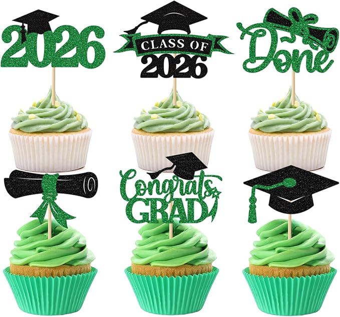 2026 Graduation Cupcake Toppers, 36 pack Green Glitter Class of 2026 Congrats Grad Diploma Grad Cap Cupcake Picks for 2026 Graduation Party decorating Supplies
