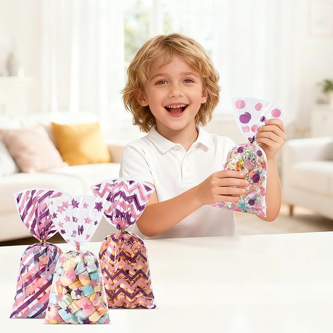Aegero 120 Pack Purple/Pink (wave dots/ wave stripes /diagonal stripes/Star Printed)Cellophane Treat Bags,10.63 x 5.12 Inch Plastic Candy Goodies Bags with 140 Pcs Twists for Valentine,Birthday,Bakery,Wedding,Gift Cookie Snack Packing,Party Favor Supplies