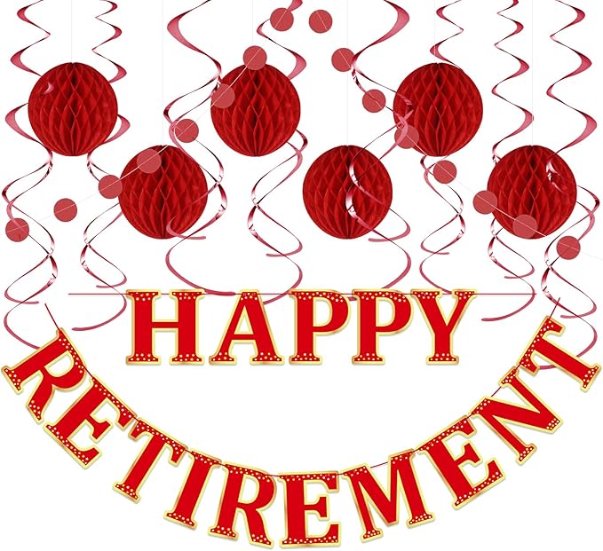 Retirement Party Decorations Kit for Women - 16-Piece Elegant Red Set with Pre-Strung Banner, Honeycomb Balls, Swirls & Garland | Instant Setup Party Decor | Retirement Gifts & Supplies
