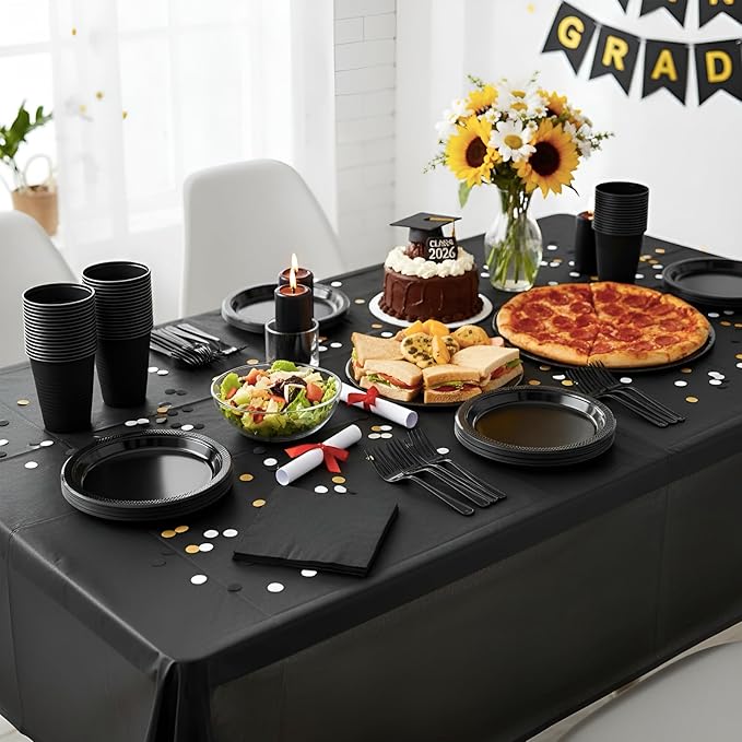 Black Plastic Plates for Party,50 Guest Disposable Plastic Plate Set 9" Plates,7" Dessert Plates,Napkins,Cups,Forks & Tablecloth for Birthday,Halloween,Christmas Parties,Graduations