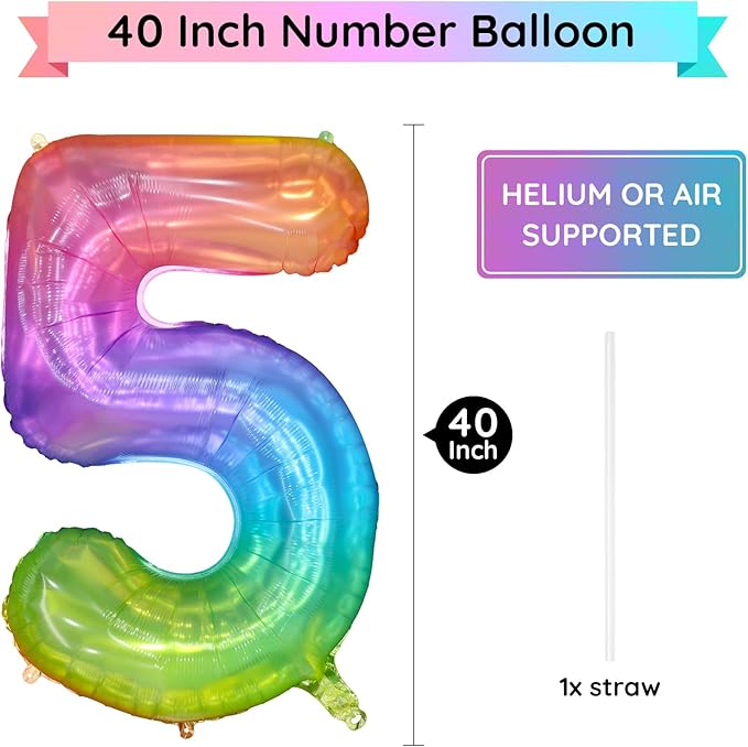 40 Inch Rainbow Number Balloon 5, Large Number Foil Balloons Mylar for Girl Boy Birthday Party Celebration Decorations Supplies, Digital Balloons for Wedding Anniversary Events Decorations