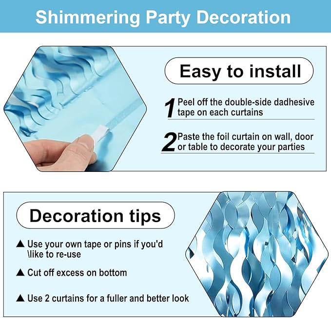 4 Pack Light Blue Wave Foil Fringe Curtain Backdrop, 3.28Ft x 8.2Ft Metallic Tinsel Foil Fringe Streamer Curtains for Photo Booth, Mother's Day, Easter, Birthday, Wedding Party Decoration