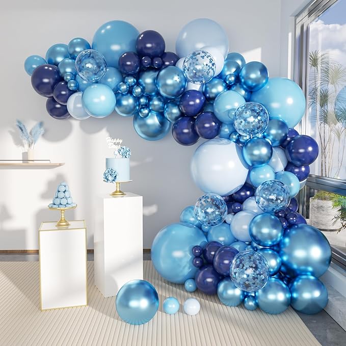 Blue Balloon Arch Kit, 147 Pcs Metallic Macaron Light Navy Blue Balloons Garland with Confetti for Baby Shower Birthday Wedding Ocean Themed Party Decoration