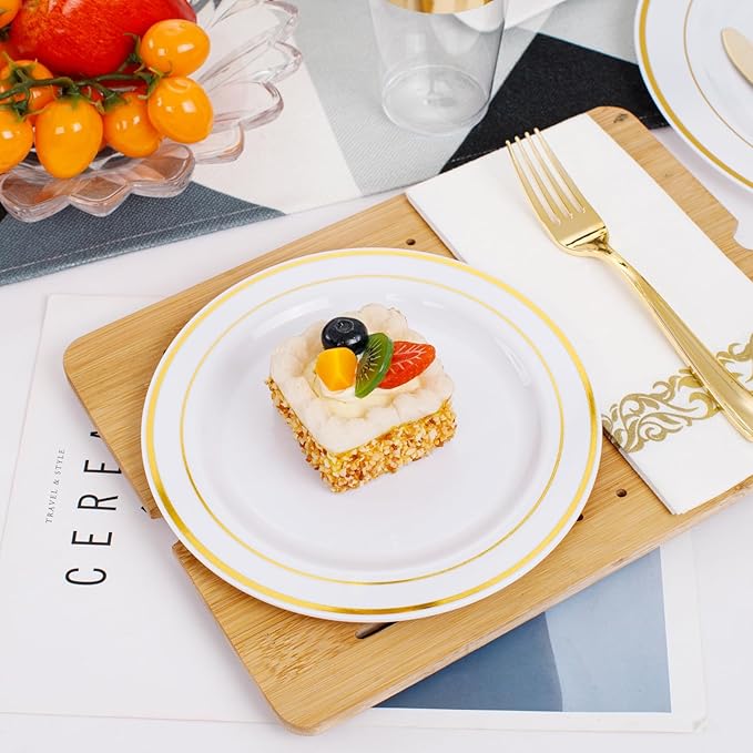 350 Pieces White and Gold Plastic Plates - 50 Guest Dinnerware Set Include 100 Plates, 50 Gold Plastic Silverware, 50 Paper Napkins and 50 Cups for Wedding Baby Shower Spring Birthday