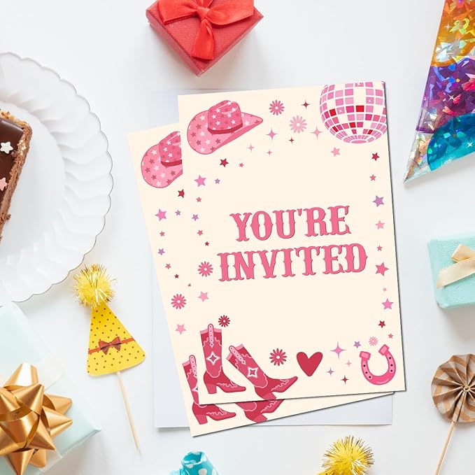 Soiceu Pink Disco Cowgirl Birthday Party Invitations with Envelopes Set of 20 Retro Cowgirl Birthday Party Invites