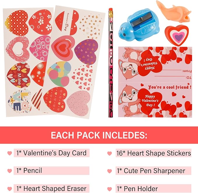 Valentine's Day Gifts for Kids Classroom - 28 Packs Super Value Stationery Kit, Cards, Pencils, Erasers, Pen Sharpeners, Holders, Exchange Party Favors Toys