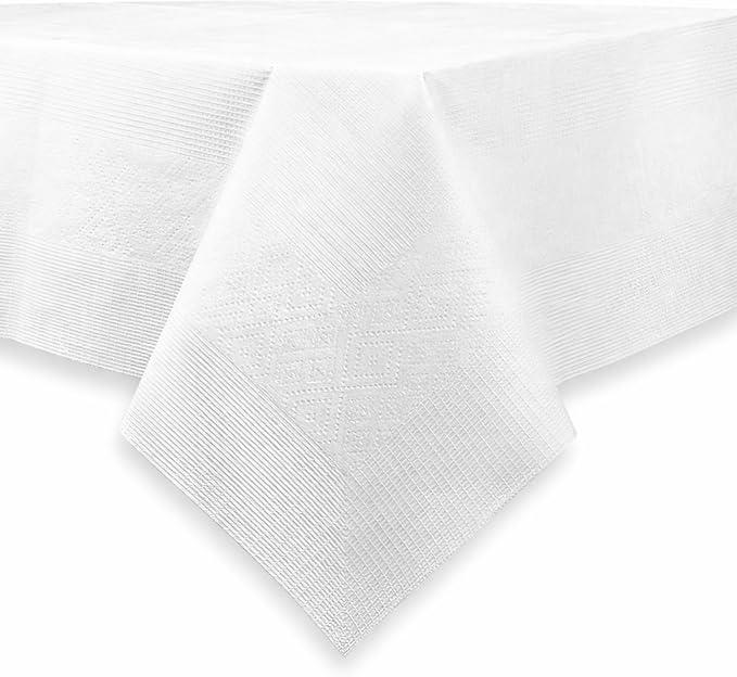 PARTY BARGAINS Disposable Table Covers, 54 x 108 Inch, White, 3-Ply Paper & Plastic Spill-Resistant Party Tablecloths, 5 Pack