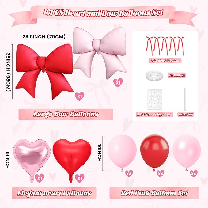 Paready Red Heart Balloons, 38 Inch Pink Bow Balloons, Pearl Pink Red Valentine Balloon Latex and Bow Heart Shaped Foil Balloon for Girls Birthday Bridal Baby Shower Valentines Decorations