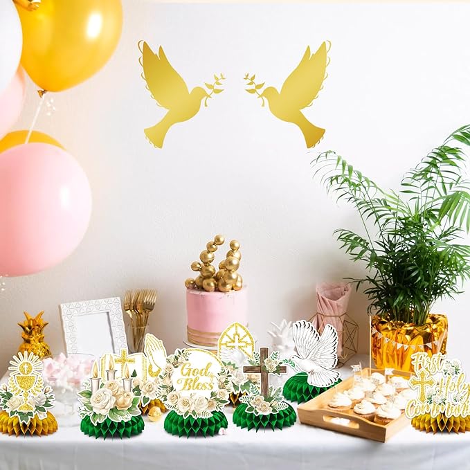 JULMELON 8PCS First Communion Decorations Baptism Honeycomb Centerpieces, God Bless First Holy Communion Table Decorations Baptism Centerpieces for Tables 1st Communion Party Supplies