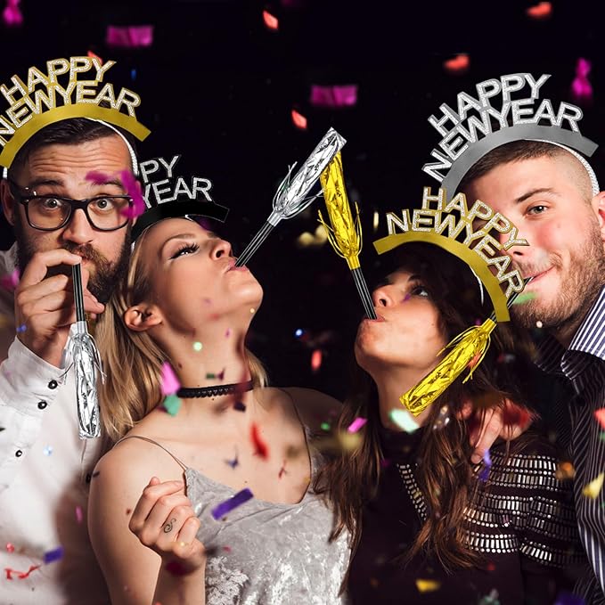 Openfly New Years Eve Party Supplies 2026 Happy New Year Headband Tiara New Year Fringed Noise Makers Party Favors