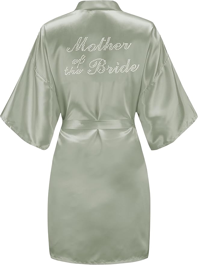 EPLAZA Women's One Size Silver Rhinestones Bride Bridesmaid Short Satin Robes for Wedding Party Getting Ready