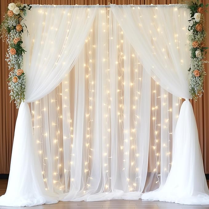 20x8ft White Tulle Backdrop Curtain with Lights String for Parites, Sheer Backdrop Curtains for Wedding Baby Shower Birthday Party Photo Shoot Decorations