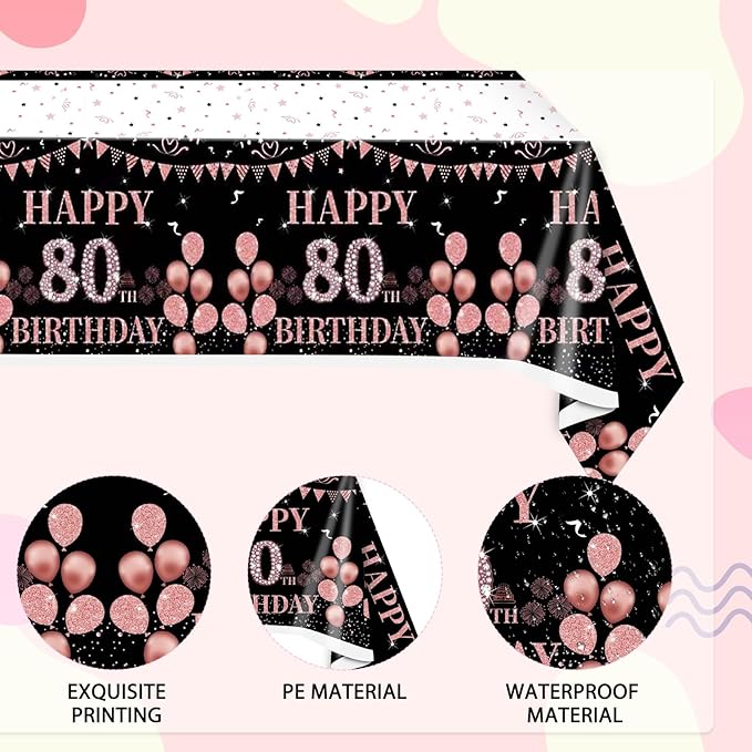 3 PCS 80th Birthday Tablecloth Decorations Black and Rose Gold 80 Years Old Party Disposable Rectangular Table Cloth for Women Birthday Anniversary Celebration Decor