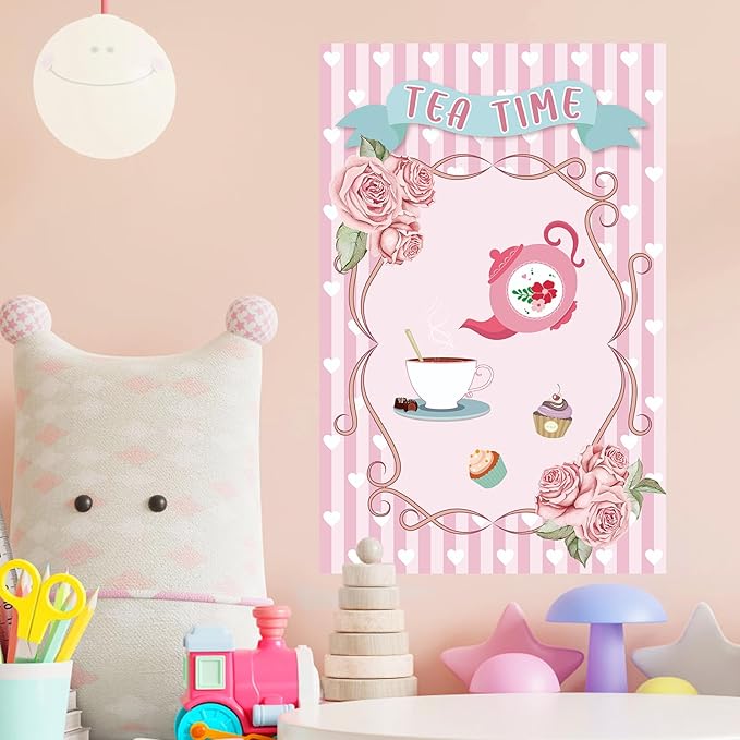 Hooqict Tea Party Games: Pin the Tea Cup on the Saucer, Large Decorations with 24 Cup Stickers for Girls' Birthday Party