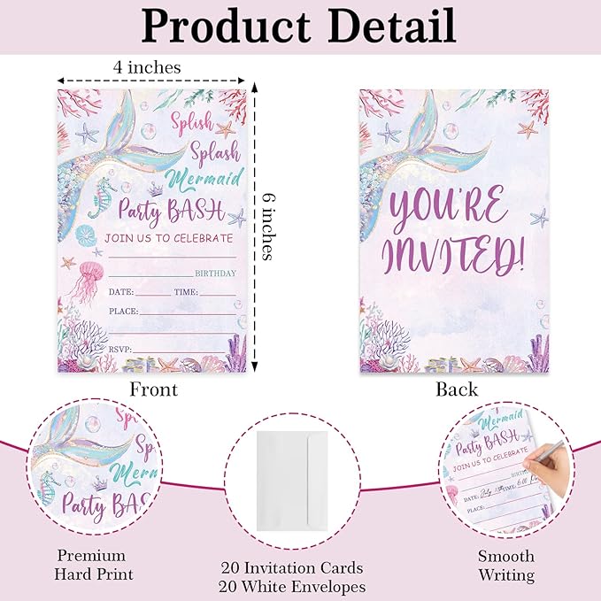Mermaid Birthday Invitations, Mermaid Under the Sea Invites for Girls Boys, 20 Pcs Double-Sided Fill In Invitations with Envelopes, Birthday Party Favor & Supplies 6 x 4 Inch