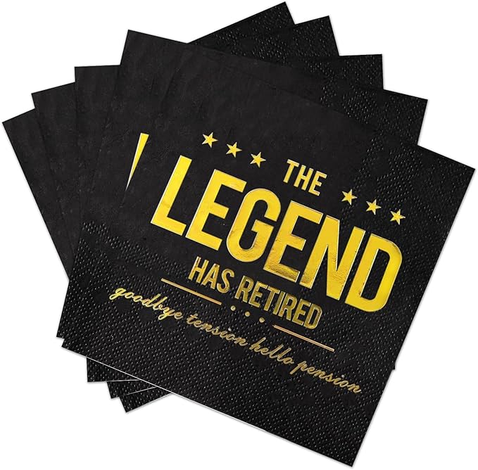 The Legend Has Retired Cocktail Napkins, 50 Pack 3-Ply Retirement Party Decorations Supplies, Black & Gold Disposable Napkins for Farewell,Coworker Goodbye & Going Away Celebration (5"x5")