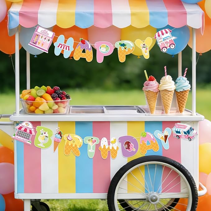 Ice Cream Party Decorations Happy Birthday Banner Ice Cream Party Banner Garland for Birthday Party Decorations Ice Creams Party Supplies