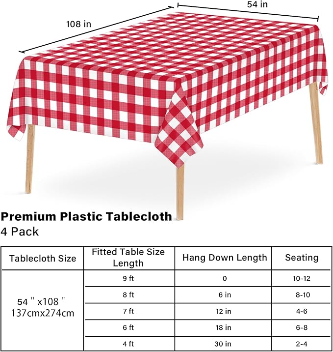 4 Pcs Red Checkered Tablecloth 54 ×108 Inches Rectangle Red Gingham Tablecloth Disposable Plastic Waterproof Table Cover for Outdoor Picnic, Kitchen, Holiday Birthday Party