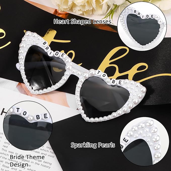 Bride to Be Set: Pearl-Trimmed Heart Sunglasses, Pearl BRIDE Sash & Tulle Veil - Bachelorette Party Bridal Accessories